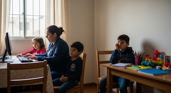 Una madre se sienta en una mesa trabajando en una computadora, con una niña pequeña a su lado. Otros dos niños están sentados en mesas cercanas. Juguetes y útiles escolares son visibles.