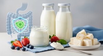 Vista superior de yogur en vaso, dos botellas de kéfir, cubos de queso fresco, fresas y arándanos sobre tela azul, con gráfico sutil del intestino.