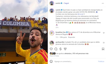 Camilo sorprendió al público en El Campín al unirse a Morat en la previa del partido de despedida de la selección Colombia, rumbo al Mundial 2026 - crédito @camilo/Instagram