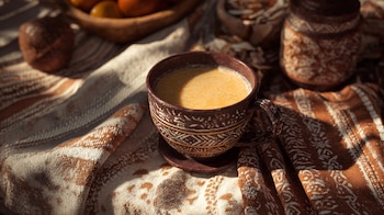 Bebida espesa de tejocote con piloncillo servida caliente en entorno hogareño. - (Imagen Ilustrativa Infobae)