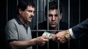 Un hombre con bigote (El Chapo) entrega billetes de dólar a una mano con traje y reloj dorado. Un hombre más joven (Iván Archivaldo Guzmán) está detrás de barrotes.