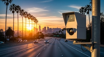 Cámara de velocidad en autopista de Los Ángeles al atardecer, con tráfico, palmeras y la silueta de la ciudad bajo un cielo naranja.