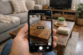 Primer plano de una mano sosteniendo un smartphone que muestra una aplicación de realidad aumentada midiendo una mesa de centro de madera en una sala, con dimensiones de 120 cm.
