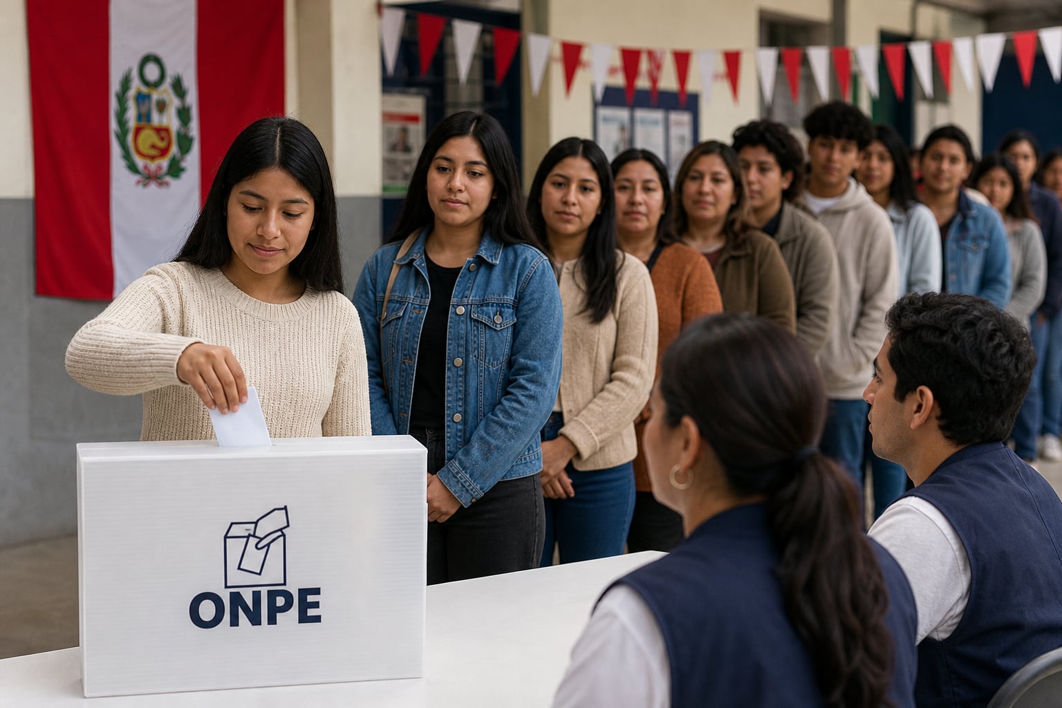 Una joven deposita su voto en una urna de la ONPE durante una jornada electoral en Perú mientras varios ciudadanos esperan en fila. (Imagen Ilustrativa Infobae)