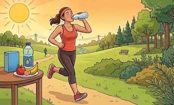 Ilustración de una mujer corriendo y bebiendo agua de una botella. Viste ropa deportiva, suda. Hay un parque con árboles, sol, un río y una mesa con frutas y bebidas