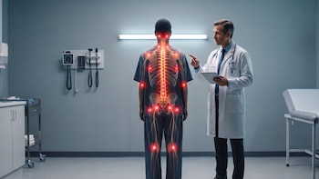 Un médico con bata señala la espalda de un paciente que presenta una gráfica de su esqueleto y puntos rojos de dolor.