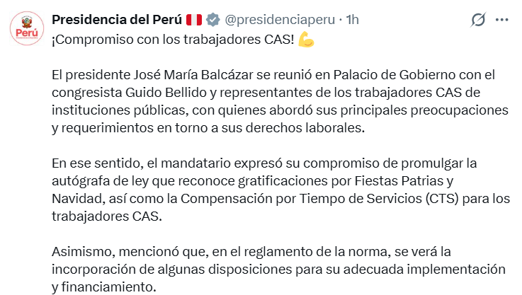 Balcázar aprobará norma que beneficiará con gratificaciones y CTS al régimen CAS. (Foto: X/@Presidencia de la República)