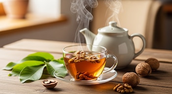 Una taza de vidrio con té humeante y nueces, una tetera gris, hojas verdes de nogal, nueces enteras y una partida sobre una mesa de madera.