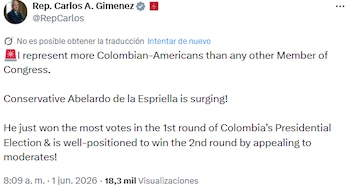 Carlos Giménez destacó el avance de Abelardo de la Espriella en las elecciones colombianas - crédito @RepCarlos/X
