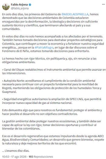 Ministerio de Ambiente autoriza ampliación de Spec LNG y plantea agenda ABC para bienestar sostenible - crédito @fabio_arjona/X
