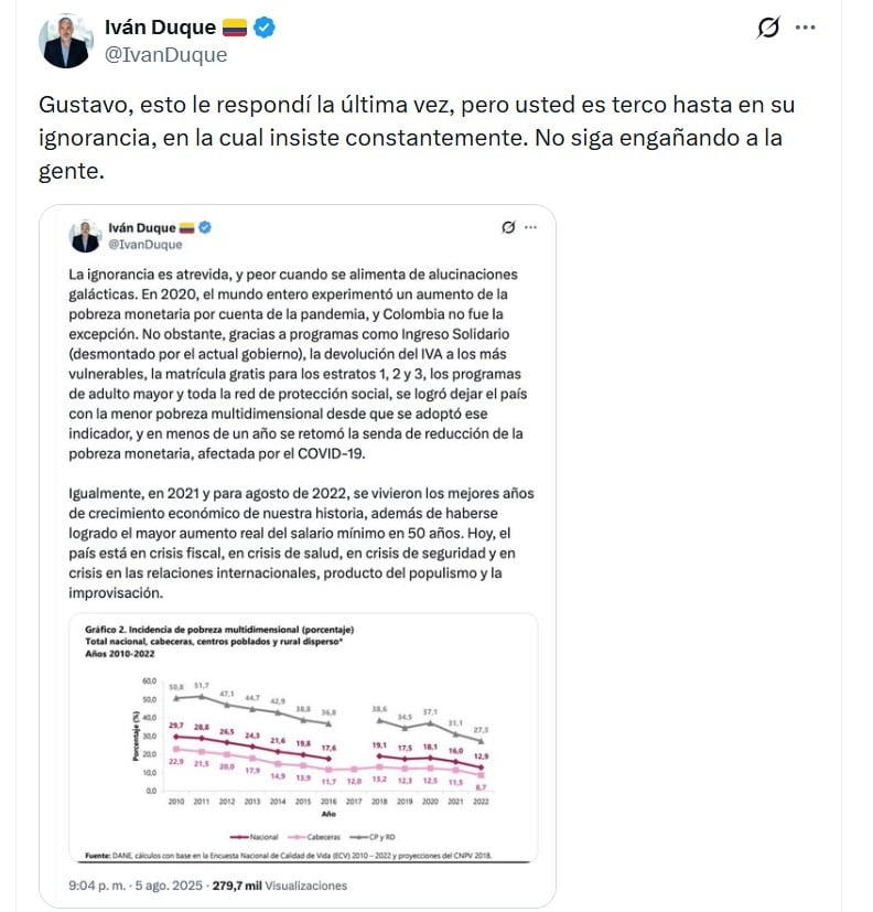 El expresidente Iván Duque rechazó los señalamientos de Gustavo Petro - crédito @IvanDuque/X