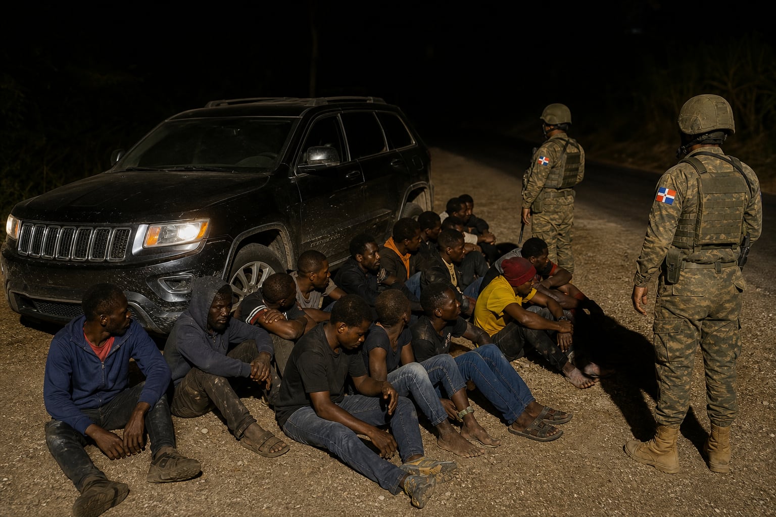 Militares del Ejército de República Dominicana custodian a 17 haitianos con estatus migratorio irregular detenidos junto a una camioneta en la carretera El Rubio-Monción. (Imagen Ilustrativa Infobae)