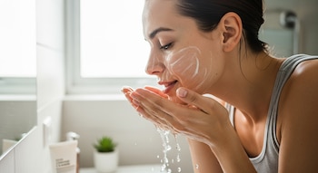 Primer plano de una mujer en un baño lavándose la cara con las manos ahuecadas llenas de agua, con espuma blanca visible en sus mejillas y frente.