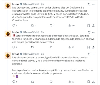 Invías afirmó que los procesos para vías terciarias fueron estructurados desde diciembre de 2025 y que hacen parte del CONPES 4161 para comunidades indígenas wayuu - crédito X