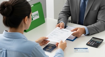 Dos personas frente a frente en un escritorio blanco, una entregando un formulario de crédito a la otra, con pasaporte, tarjeta ITIN y calculadora visibles.
