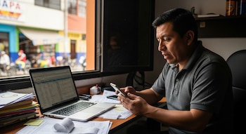 Hombre en polo gris sentado en un escritorio, revisa su teléfono celular, junto a una laptop abierta, documentos y una ventana que da a la calle.