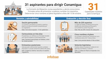 Infografía con texto, gráficos e iconos que explican las seis etapas del proceso de elección de la dirección de Conamigua en Guatemala.