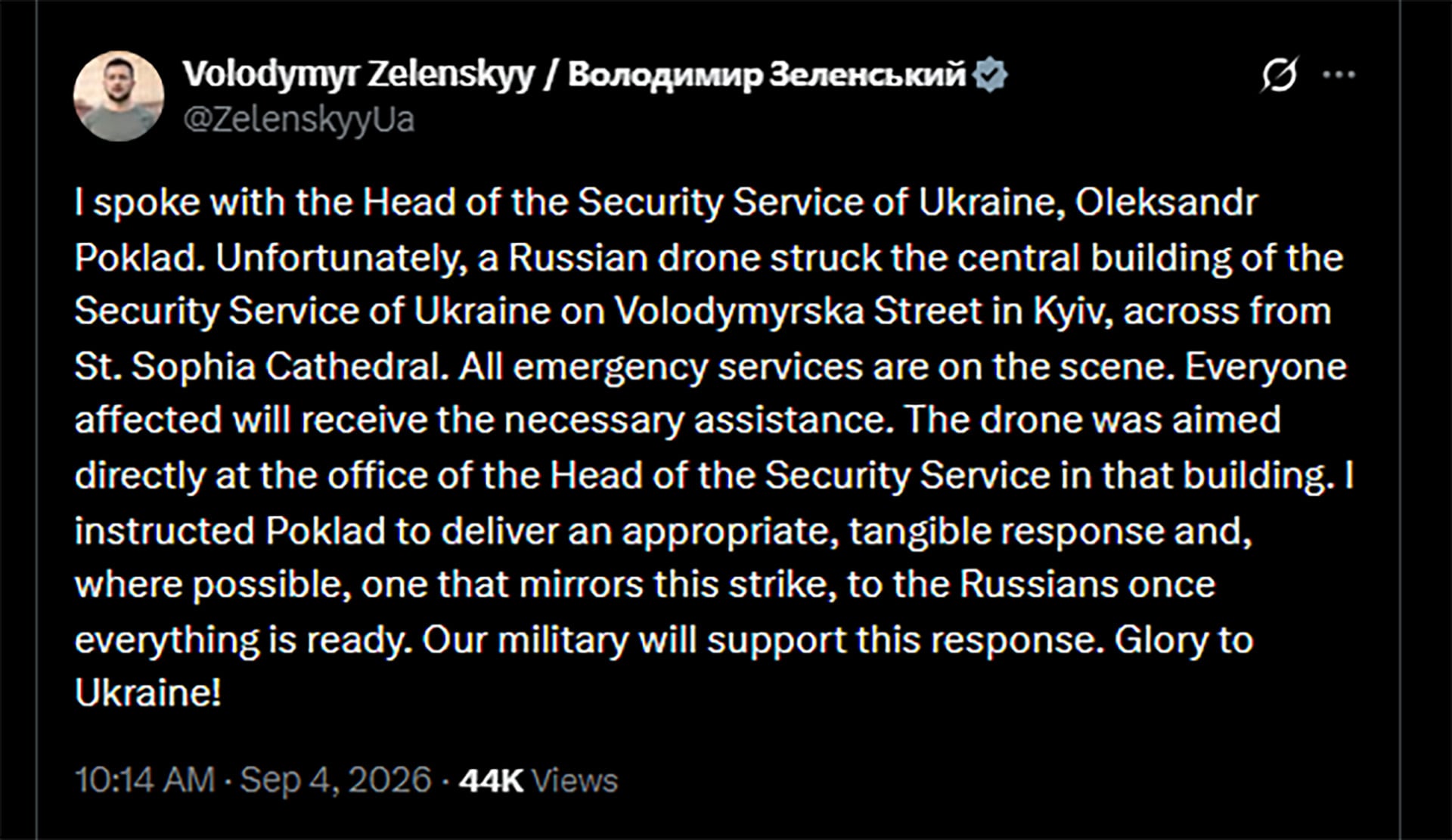 Volodimir Zelensky denunció el impacto de un dron ruso en la sede del Servicio de Seguridad de Ucrania en Kiev