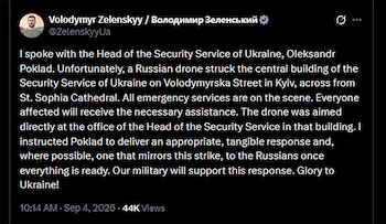 Captura de pantalla de un mensaje en inglés publicado por Volodymyr Zelenskyy en la red social X con fondo negro