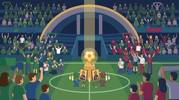 Ilustración plana de un estadio de fútbol con gradas llenas de hinchas, algunos de rodillas. En el centro, un balón dorado en un pedestal rodeado de velas, camisetas e imágenes.