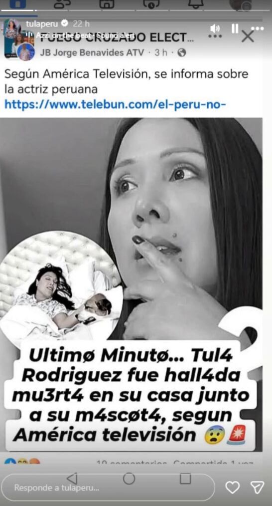 Tula Rodríguez, indignada, desmiente falsa noticia sobre su muerte: “No sigan páginas de miércoles”