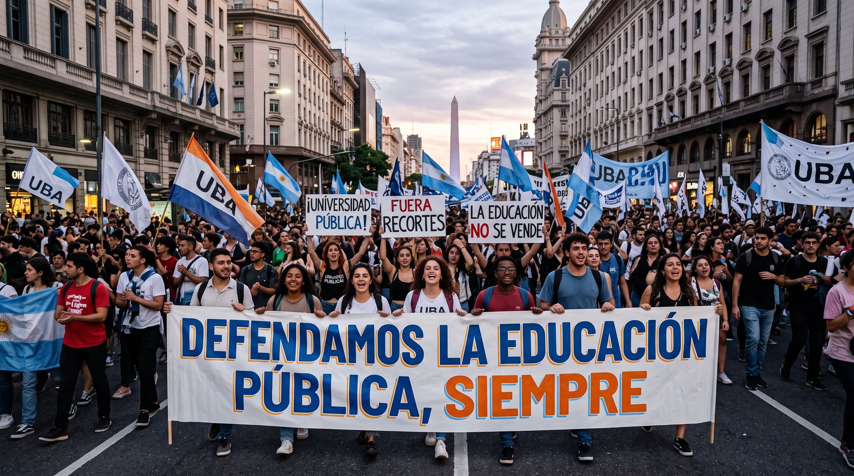 Estudiantes de la Universidad de Buenos Aires marchan por la avenida en defensa de la universidad pública con pancartas y banderas argentinas. (Imagen Ilustrativa Infobae)