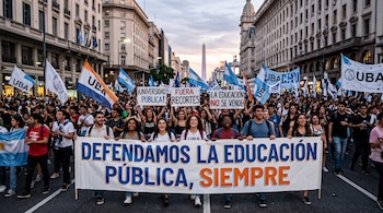Jóvenes avanzan por una calle con banderas de la UBA y de Argentina, carteles manifestantes y una gran pancarta en el centro.