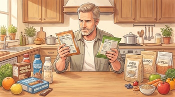 Un hombre en una cocina moderna lee etiquetas nutricionales. La mesa contiene barras y batidos de proteína, avena, quinoa, lentejas, frutas y verduras frescas.