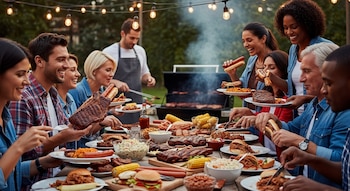 Primer plano de un grupo diverso de personas felices comiendo en una barbacoa al aire libre, con una mesa rústica llena de carne, elotes, ensaladas y salsas.