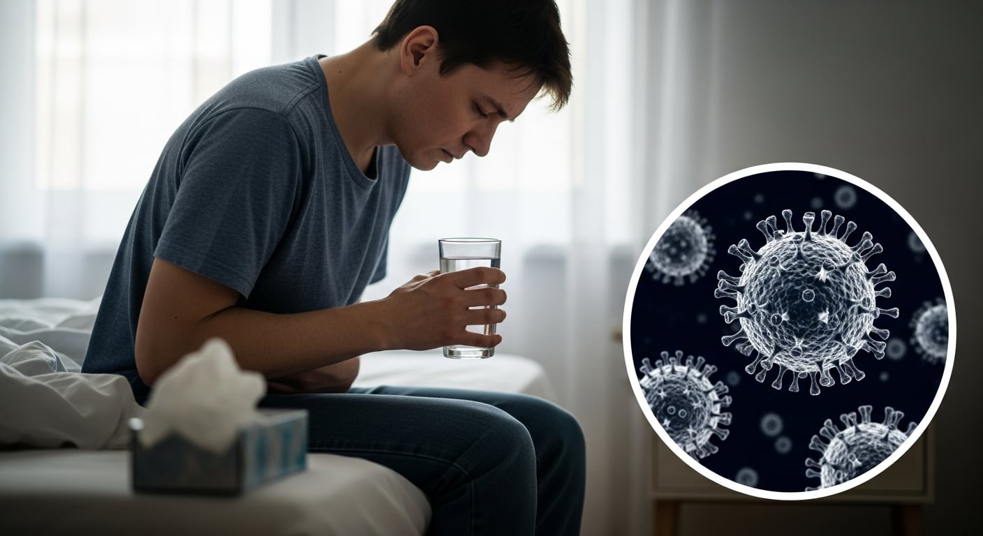 Un adulto joven sufre de malestar estomacal mientras un inserto circular ilustra la estructura del norovirus, destacando la prevalencia de este virus en entornos domésticos. (Imagen Ilustrativa Infobae)