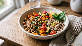 Tazón cerámico con lentejas, garbanzos, boniato, verduras y quinoa, acompañado por un tenedor y un vaso sobre una mesa de madera.