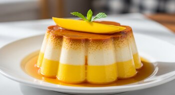 Un flan de dos capas, blanco y amarillo, cubierto de caramelo, una rebanada de mango y dos hojas de menta, en un plato blanco.