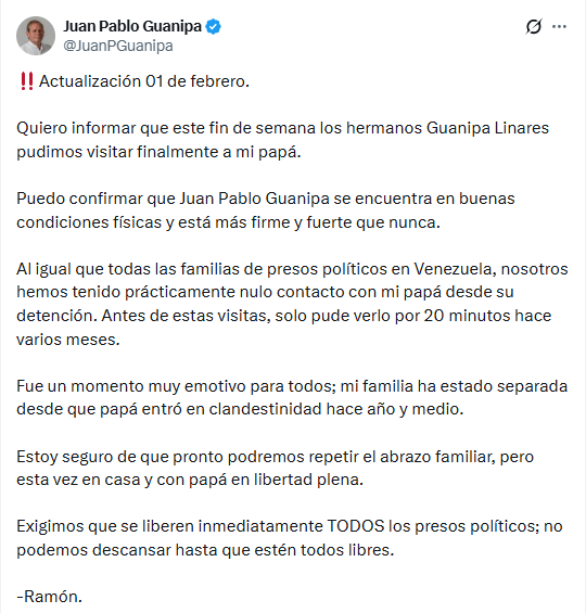 El comunicado del hijo de Juan Pablo Guanipa vía X