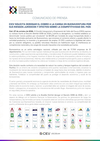 El Ciev solicitó a la Alcaldía Distrital de Buenaventura derogar el Decreto 0338 de 2026, que establece un cobro de $4.235 por tonelada de carga, por sus riesgos jurídicos y efectos sobre la competitividad del país - crédito Ciev