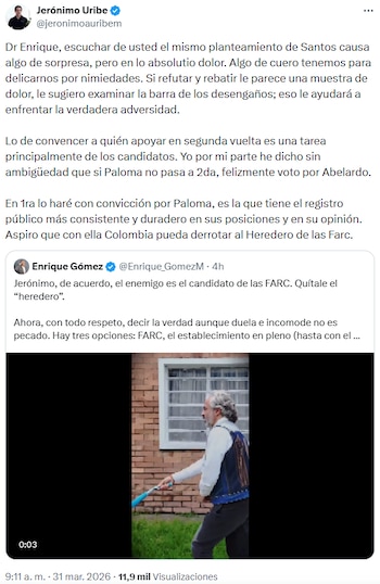 Jerónimo Uribe restó importancia al debate con Enrique Gómez y aclaró su postura para la segunda vuelta - crédito @jeronimoauribem/X