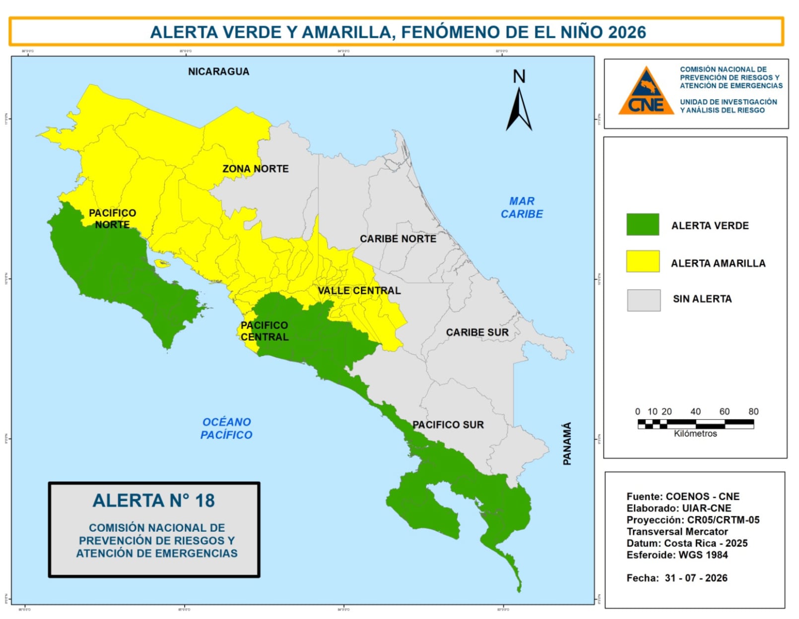 La CNE elevó a alerta amarilla 54 cantones ante el avance de la sequía provocada por el fenómeno de El Niño. Crédito: CNE