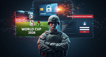 Soldado en uniforme militar con pantallas digitales que muestran un partido de fútbol del Mundial 2026, una tarjeta de crédito con candado y un error de acceso.