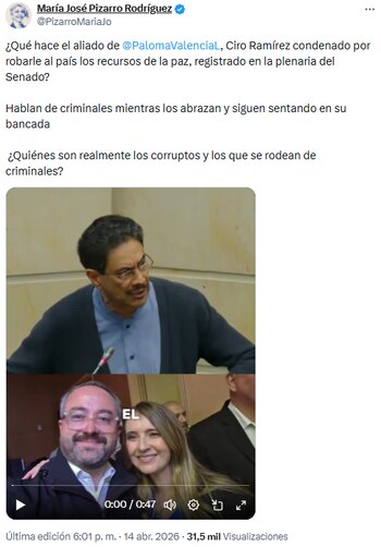 María José Pizarro cuestionó en X la presencia de Ciro Ramírez en el Senado tras condena por corrupción - crédito @PizarroMariaJo/X