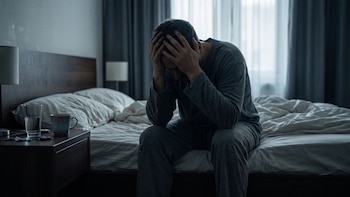 Un hombre en pijama gris está sentado en el borde de una cama con la cabeza entre las manos, junto a una mesa con un vaso y una taza