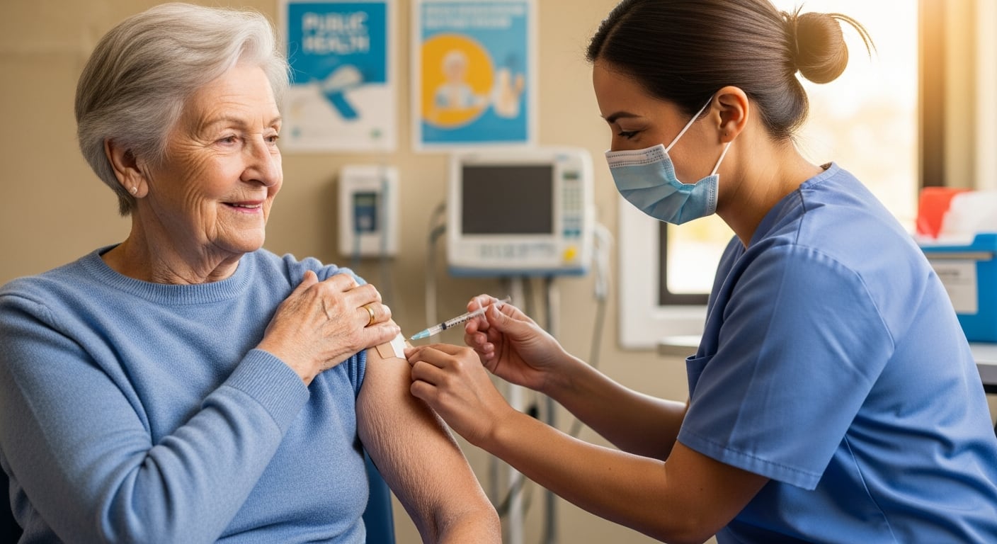 Una mujer adulta mayor sonríe mientras recibe la vacuna contra la influenza de un profesional de enfermería en un centro de salud. (Imagen Ilustrativa Infobae)