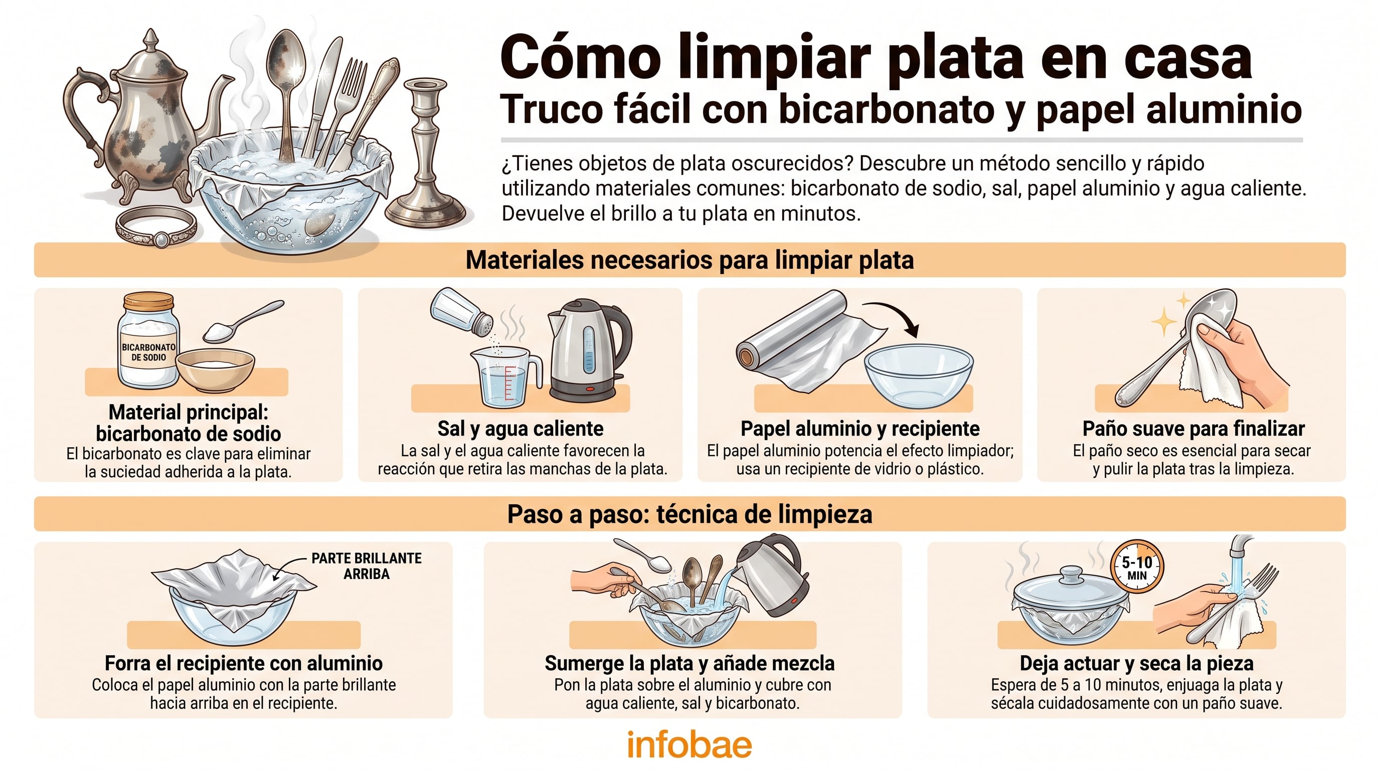 Infobae presenta el procedimiento para limpiar objetos de plata en casa con bicarbonato, sal, agua caliente y papel aluminio, y detalla los materiales y los pasos necesarios. (Imagen Ilustrativa Infobae)