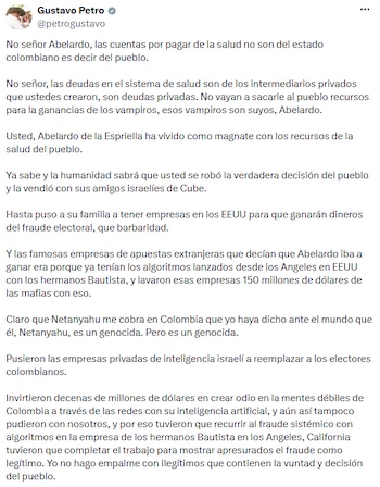 Gustavo Petro respondió a la alocución del presidente electo con fuertes señalamientos sobre la salud y las elecciones de 2026. - crédito @petrogustavo/X