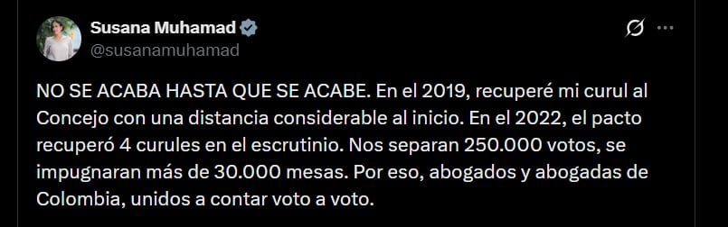 Susana Muhamad hizo un llamado a todos los abogados y abogadas a contar los votos - crédito @susanamuhamad/X