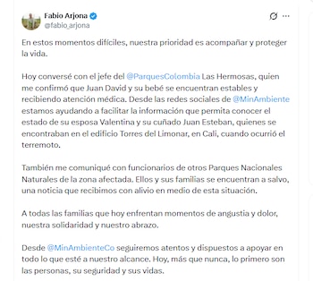 El ministro Fabio Arjona entregó un reporte sobre el estado de salud del guardaparques Juan David Gómez y su bebé Salomón - crédito @fabio_arjona/X