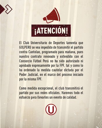 Comunicado de Universitario informando que