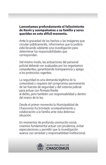 comunicado de la Municipalidad de Chascomús Caso Kevin Martínez