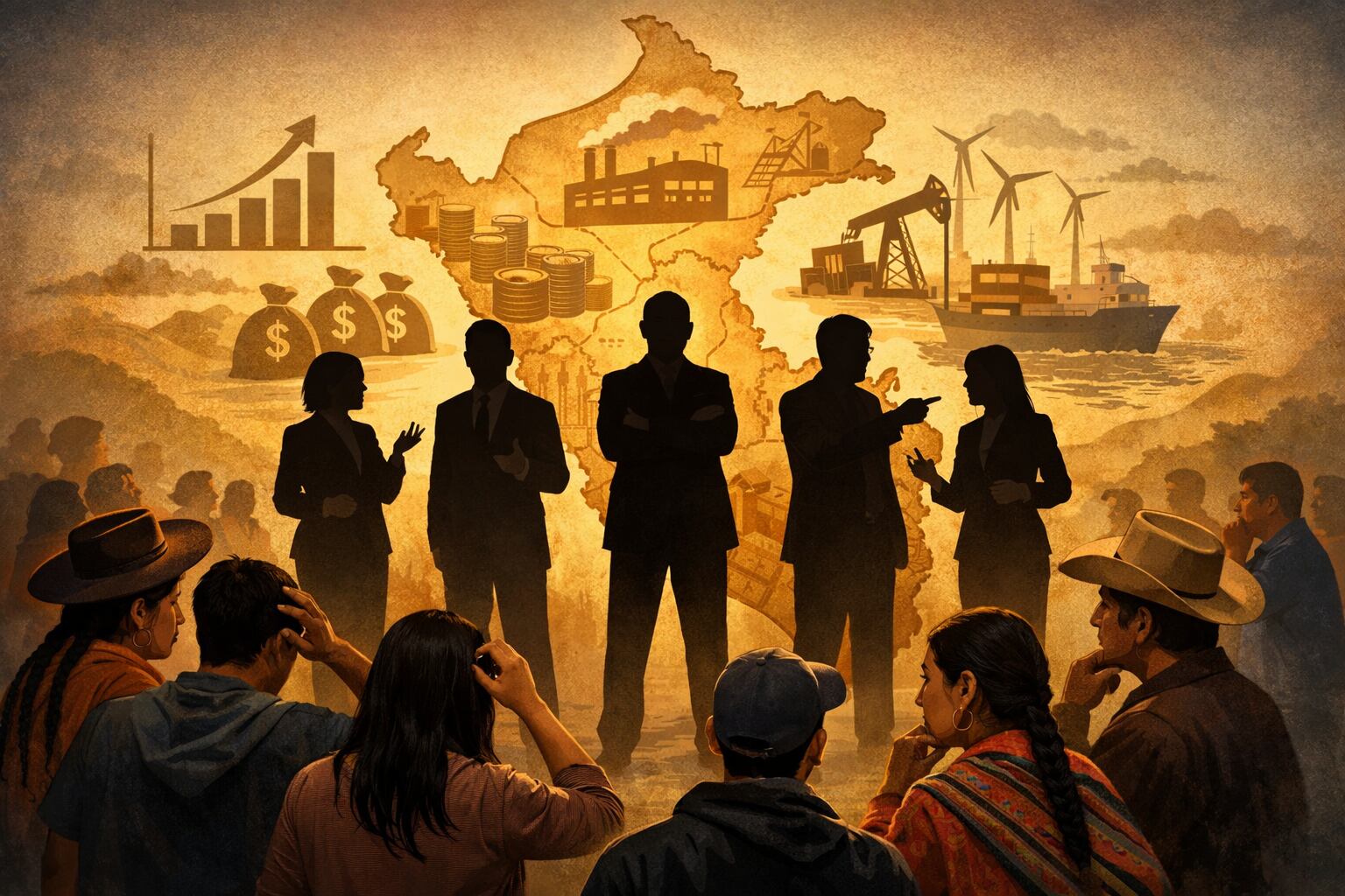 Siluetas de candidatos presidenciales presentan sus planes de gobierno sobre un mapa de Perú con símbolos económicos, mientras ciudadanos peruanos de diversas regiones observan indecisos. (Imagen Ilustrativa Infobae)