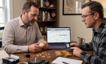 Dos hombres sentados en un escritorio. Uno sostiene una moneda de oro, el otro un lingote de oro. Un portátil muestra el precio del oro. Monedas y lingotes adicionales sobre la mesa