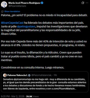 María José Pizarro destacó liderazgo de Iván Cepeda en debates y lo respaldó frente a las críticas de Paloma Valencia - crédito @PizarroMariaJo/X