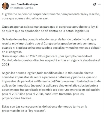 Juan Camilo Restrepo, exministro de Hacienda, criticó la demora del Gobierno de Abelardo de La Espriella de presentar (@RestrepoJCamilo/X)